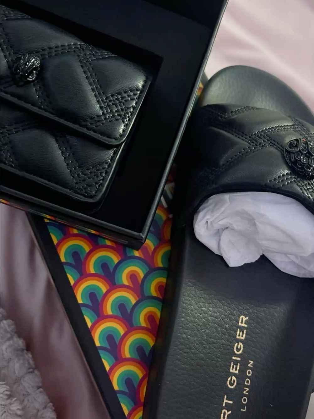 Kurt Geiger Black Quilted Logo Slide Sandals